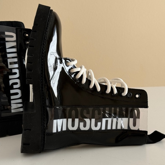 MOSCHINO Combat Lace Up Boots Logo Synthetic Patent Leather NEW Size 36 EU NEW - Picture 7 of 11